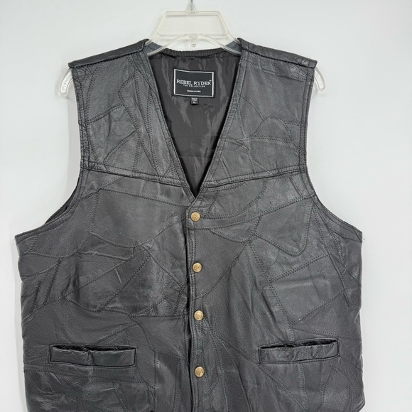 Leather Biker Vest Motorcycle Size XL Black Patchwork Pockets Snap Rebel Ryder - Picture 3 of 7
